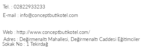 Concept House Butik Otel telefon numaralar, faks, e-mail, posta adresi ve iletiim bilgileri